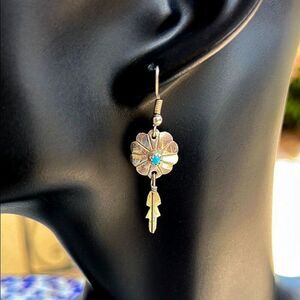 Vintage Sterling & Turquoise Flower Concho Feather Dangle Earrings